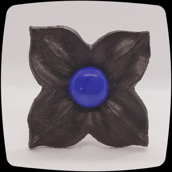 Item # 588M - Unique Floral Drapery Medallion Embellished with an Opaque Cobalt Blue Glass Stone - 3" Diagonal - Image 2