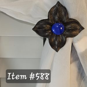Item # 588M - Unique Floral Drapery Medallion Embellished with an Opaque Cobalt Blue Glass Stone - 3" Diagonal
