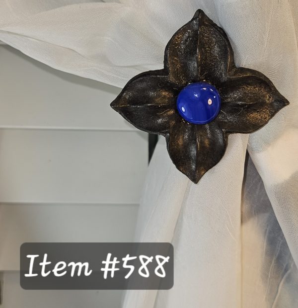 Item # 588M - Unique Floral Drapery Medallion Embellished with an Opaque Cobalt Blue Glass Stone - 3" Diagonal