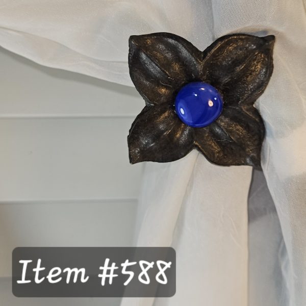 Item # 588M - Unique Floral Drapery Medallion Embellished with an Opaque Cobalt Blue Glass Stone - 3" Diagonal - Image 3