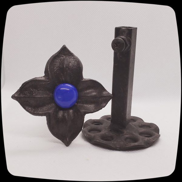 Item # 588M - Unique Floral Drapery Medallion Embellished with an Opaque Cobalt Blue Glass Stone - 3" Diagonal - Image 3