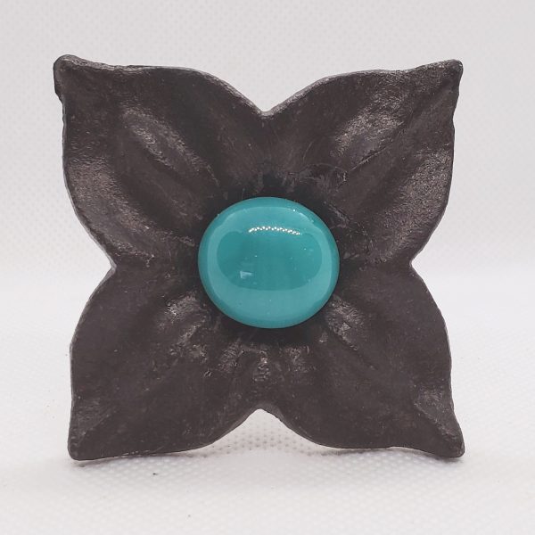 Item # 593M - Unique Floral Drapery Medallion Embellished with an Opaque Teal Glass Stone -   3" Diagonal - Image 7