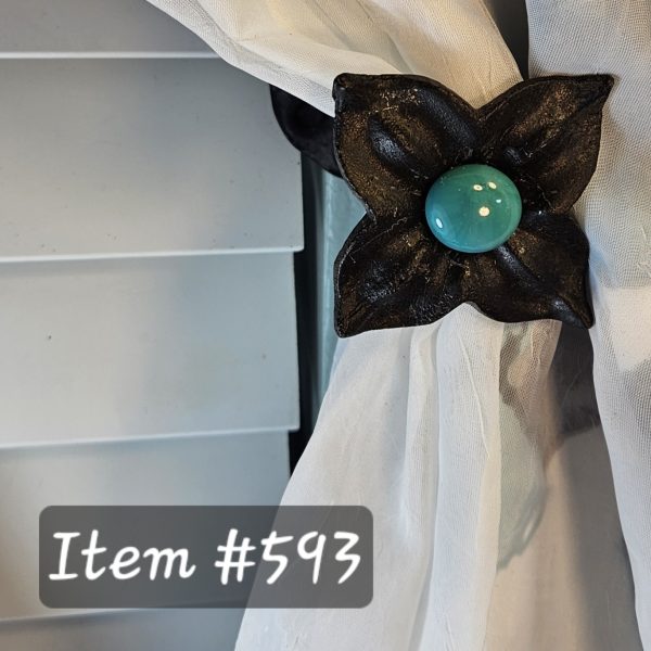 Item # 593M - Unique Floral Drapery Medallion Embellished with an Opaque Teal Glass Stone -   3" Diagonal - Image 3