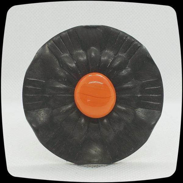 Item # 620M - Contemporary Drapery Medallion Embellished with an Opaque Fire Coral Orange Glass Stone - 2-1/2" Diameter - Image 2