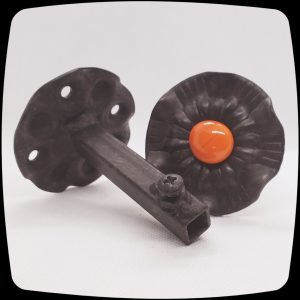 Item # 620M - Contemporary Drapery Medallion Embellished with an Opaque Fire Coral Orange Glass Stone - 2-1/2" Diameter