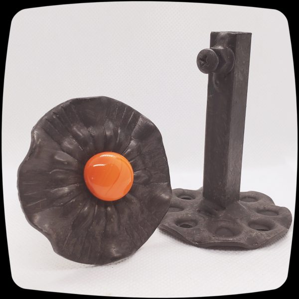 Item # 620M - Contemporary Drapery Medallion Embellished with an Opaque Fire Coral Orange Glass Stone - 2-1/2" Diameter - Image 3