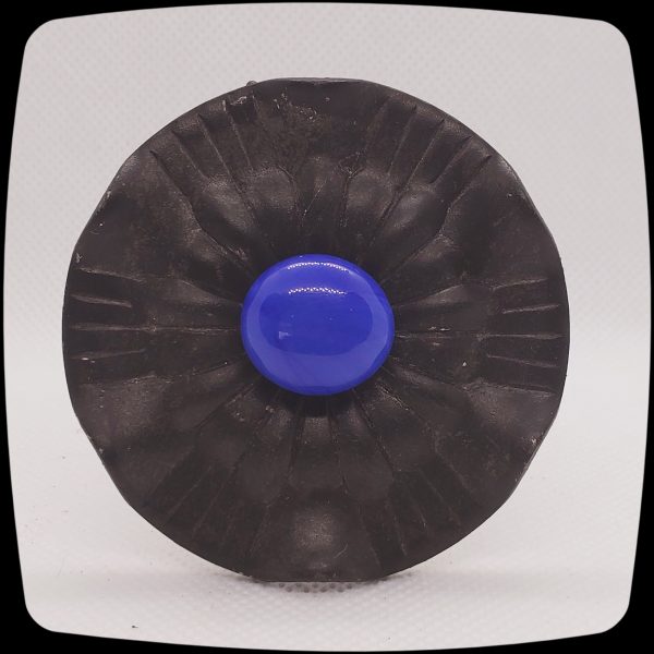 Item # 621M - Contemporary Drapery Medallion Embellished with an Opaque Cobalt Blue Glass Stone - 2-1/2" Diameter - Image 2