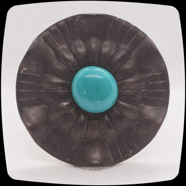 Item # 622M - Contemporary Drapery Medallion Embellished with an Opaque Teal Glass Stone - 2-1/2" Diameter - Image 2