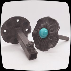 Item # 622M - Contemporary Drapery Medallion Embellished with an Opaque Teal Glass Stone - 2-1/2" Diameter