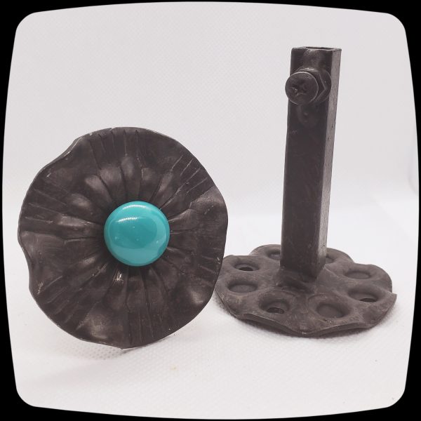 Item # 622M - Contemporary Drapery Medallion Embellished with an Opaque Teal Glass Stone - 2-1/2" Diameter - Image 3