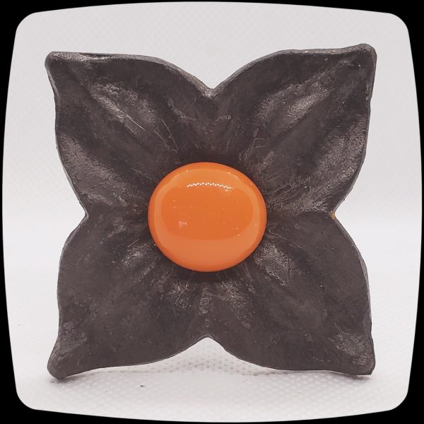 Item # 589M - Unique Floral Drapery Medallion Embellished with an Opaque Fire Coral Glass Stone - 3" Diagonal - Image 7
