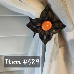 Item # 589M - Unique Floral Drapery Medallion Embellished with an Opaque Fire Coral Glass Stone - 3" Diagonal
