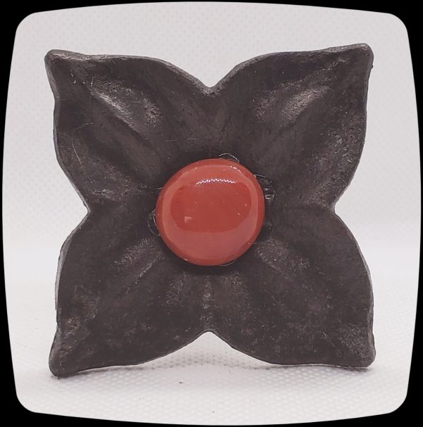 Item #594M - Unique Floral Drapery Medallion Embellished with Opaque Ruby Red Glass Stone - 3" Diagonal - Image 2