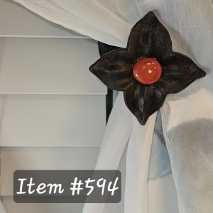 Item #594M - Unique Floral Drapery Medallion Embellished with Opaque Ruby Red Glass Stone - 3" Diagonal