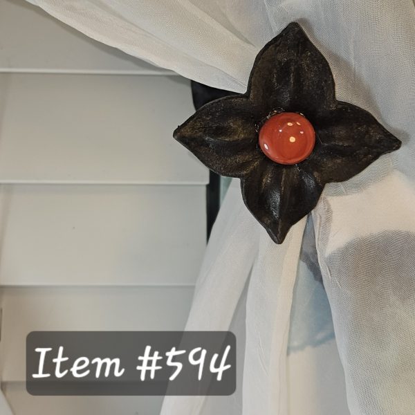 Item #594M - Unique Floral Drapery Medallion Embellished with Opaque Ruby Red Glass Stone - 3" Diagonal